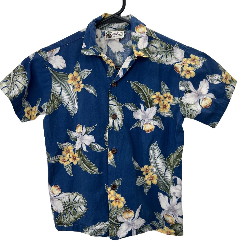 Vintage Aloha Republic Hawaiian Shirt 5 Boys Blue Tropical Floral Short Slv USA